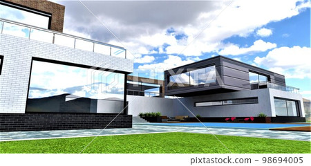 Green lawn near the paved walkway in the yard of the house with walls finished with differ colors brick tile. 3d rendering.house, walkway, lawn, yard, garden, green, home, grass, street, exterior, 98694005