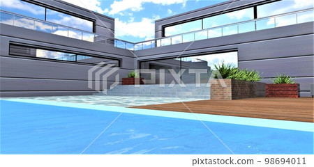 Waves in the blue water pool in front of the glass door entrance to the contemporary private house constructed according to a stunning design. 3d rendering. Waves in the blue water pool in front of the glass door entrance to the contemporary private house constructed according to a stunning design. 3d rendering. 98694011