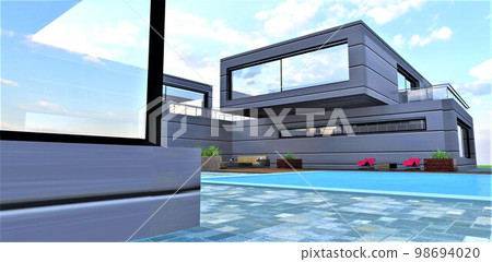 A view from around the corner to a modern balcony overlooking the courtyard of a country house with a swimming pool and a comfortable seating area. 3d rendering. A view from around the corner to a modern balcony overlooking the courtyard of a country house with a swimming pool and a comfortable seating area. 3d rendering. 98694020