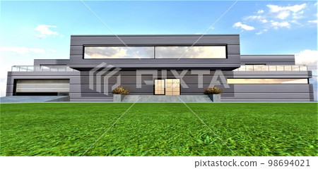 A wonderful meadow with green grass in front of the entrance to a private family house built according to a trendy project in a prestigious area. 3d rendering. A wonderful meadow with green grass in front of the entrance to a private family house built according to a trendy project in a prestigious area. 3d rendering. 98694021