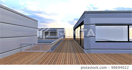 An open plank terrace on the second floor of a compact club hotel. Great opportunity to get some fresh air after lunch. 3d rendering. An open plank terrace on the second floor of a compact club hotel. Great opportunity to get some fresh air after lunch. 3d rendering. 98694022