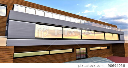 Combined finishing of the exterior of a private country house with a facade board and aluminum panels. Could be an idea for a luxury real estate designer. 3d rendering. 98694036