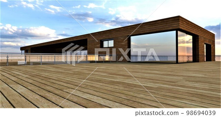 Enclosed terrace on the roof of a luxurious estate. Sturdy glass railing. Wooden floor and walls. Great place to spend time with friends. 3d rendering. 98694039