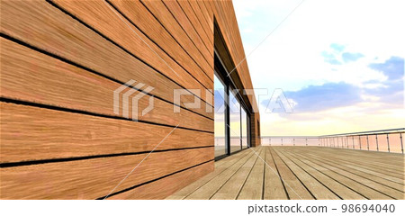 Environmentally friendly facade board as a wall decoration for a stylish spacious balcony. Wooden floor. Sliding glass doors. 3d rendering. Environmentally friendly facade board as a wall decoration for a stylish spacious balcony. Wooden floor. Sliding glass doors. 3d rendering. 98694040