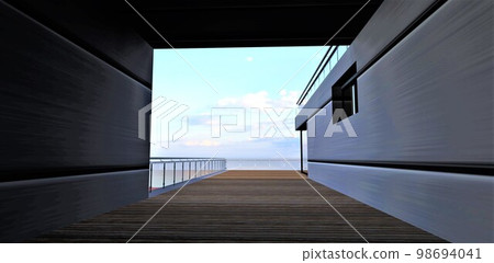 Exit from the building to the terrace with a wonderful view. The walls are finished with a metal coating. The floor is covered with board. Glass railing. 3d rendering. 98694041