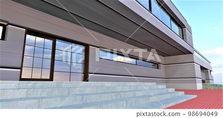 Climbing the steps of the concrete stairs of the porch of a private technological estate. A suitable banner for advertising suburban luxury housing. 3d rendering. Climbing the steps of the concrete stairs of the porch of a private technological estate. A suitable banner for advertising suburban luxury housing. 3d rendering. 98694049