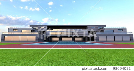 Frontal facade of an elite private estate with a swimming pool on a wonderful green meadow against a blue clear sky. 3d rendering. 98694051