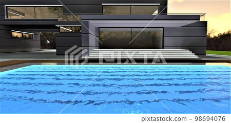 Stunning glowing waves on the pool surface in the yard of the contemporary house in front of the stylish porch at night. 3d rendering. Stunning glowing waves on the pool surface in the yard of the contemporary house in front of the stylish porch at night. 3d rendering. 98694076