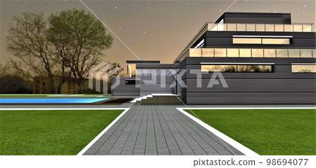 Stunning walkway oaved with gray granite stone. White border on the green lawn. Contemporary villa with pool under starry night. 3d rendering. 98694077