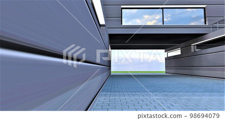 The arch through the house. The wall finished with aluminium panels. Pavement made of gray stones. 3d rendering. The arch through the house. The wall finished with aluminium panels. Pavement made of gray stones. 3d rendering. 98694079