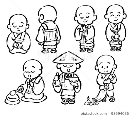 Hand-drawn illustration set of cute children's monks (single-color line drawings only) 98694086