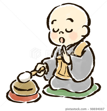 A hand-drawn illustration of a child monk chanting Buddhist prayers while beating a wooden fish 98694087