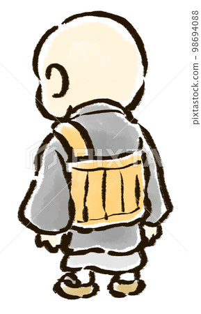 hand drawn illustration of the back of a child monk hand drawn illustration of the back of a child monk 98694088