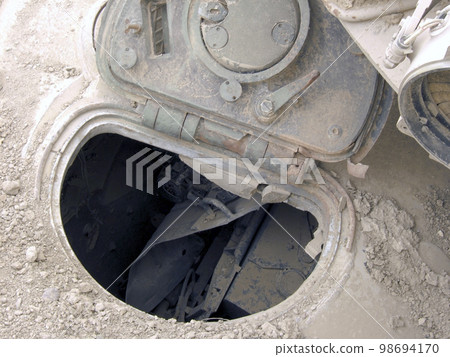 Military army vehicle tank on tracks with barrel after victorious war 98694170