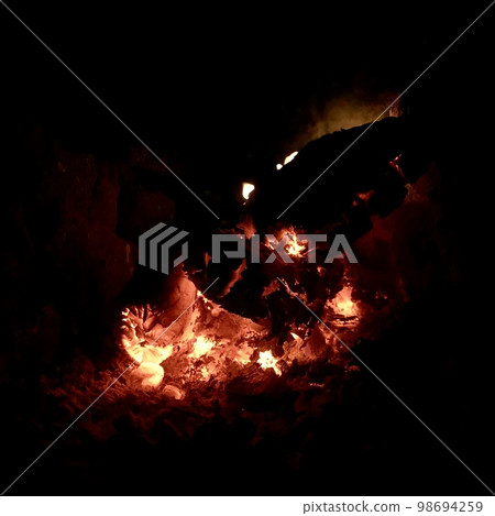Beautiful flame brown wood dark black coal on bright yellow fire inside metal brazier Beautiful flame brown wood dark black coal on bright yellow fire inside metal brazier 98694259