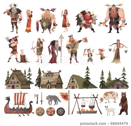 Cartoon vikings. Medieval barbarian characters and elements, household items, houses, ship and animals, warriors and civilians, men with swords and shields, women with kids, tidy vector set 98694479