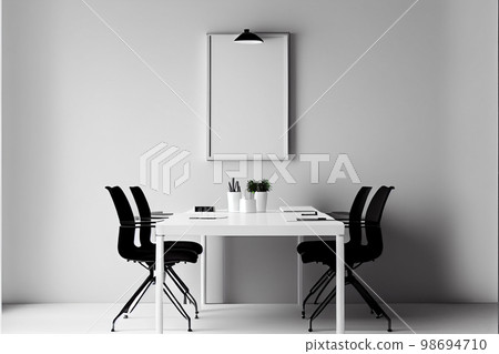 Interior of open space office with white walls, concrete floor, rows of wooden computer desks and meeting room in background. 3d rendering Interior of open space office with white walls, concrete floor, rows of wooden computer desks and meeting room in background. 3d rendering 98694710
