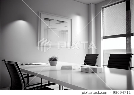 Interior of open space office with white walls, concrete floor, rows of wooden computer desks and meeting room in background. 3d rendering Interior of open space office with white walls, concrete floor, rows of wooden computer desks and meeting room in background. 3d rendering 98694711