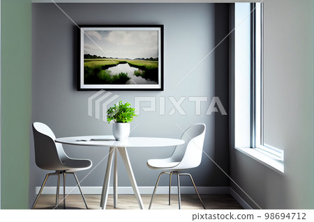 Interior of open space office with white walls, concrete floor, rows of wooden computer desks and meeting room in background. 3d rendering 98694712
