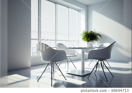 Interior of open space office with white walls, concrete floor, rows of wooden computer desks and meeting room in background. 3d rendering Interior of open space office with white walls, concrete floor, rows of wooden computer desks and meeting room in background. 3d rendering 98694713