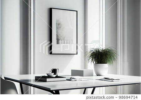 Interior of open space office with white walls, concrete floor, rows of wooden computer desks and meeting room in background. 3d rendering 98694714