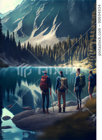 Big group of people having fun on mountain top against sunset lakes and mountains. Travel, adventure or expedition concept 98694934