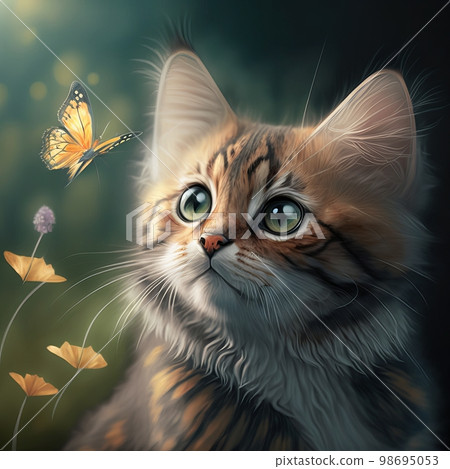 red fluffy kitty watches a flying orange butterfly in the forest 98695053