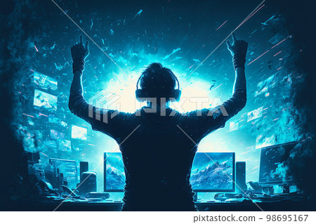 Gamer celebrating victory. Winning an eSports game. Electronic sports player rejoices victory in e-sports tournament 98695167