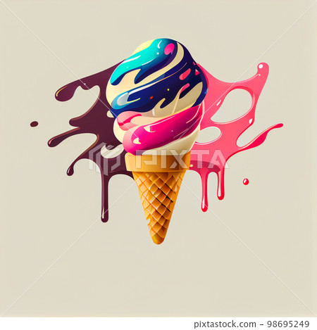 Melting ice cream balls in the waffle cone isolated on background. 3D Illustration flat icon. 98695249