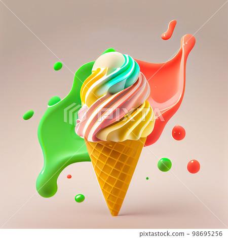 Melting ice cream balls in the waffle cone isolated on background. 3D Illustration flat icon. 98695256