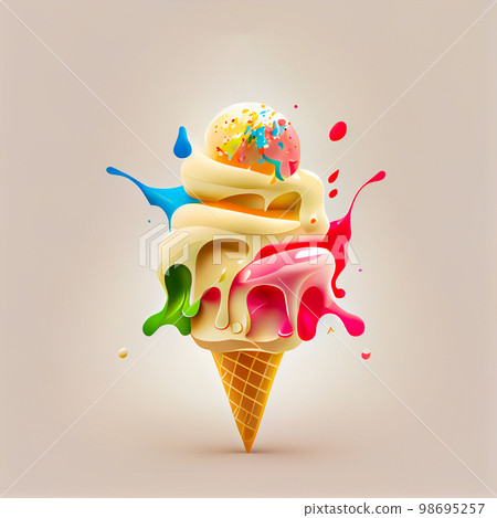 Melting ice cream balls in the waffle cone isolated on background. 3D Illustration flat icon. 98695257