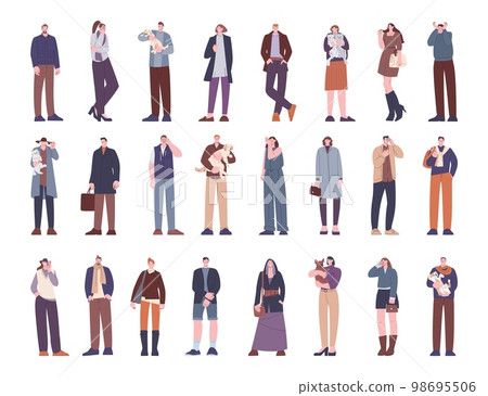 Casual wear modern people. Elderly adults and students, business characters and pets owners. Flat fashion different women men, kicky stylish vector set 98695506