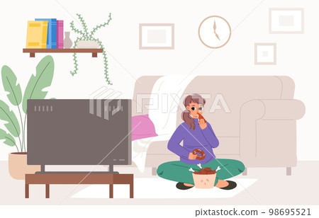 Home relaxation and watching TV. Girl eating fast food, pizza, donut and chicken and watch show. Weekend or vacations, rest vector scene 98695521
