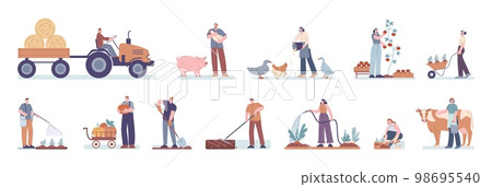 Cartoon farmers planting and care animals. Rural farmer working, gardener and agriculture person. Countryside, harvest season kicky vector clipart Cartoon farmers planting and care animals. Rural farmer working, gardener and agriculture person. Countryside, harvest season kicky vector clipart 98695540
