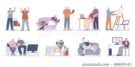Seniors using gadgets and digital devices. Person has problem with technology. Old couple use laptop, modern grandparents kicky vector characters Seniors using gadgets and digital devices. Person has problem with technology. Old couple use laptop, modern grandparents kicky vector characters 98695541