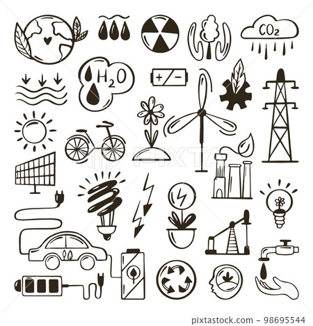 Green energy doodle set. Ecology, environmental sketch concept. Hands draw eco elements, isolated neoteric lamp, battery, wingmill vector collection Green energy doodle set. Ecology, environmental sketch concept. Hands draw eco elements, isolated neoteric lamp, battery, wingmill vector collection 98695544