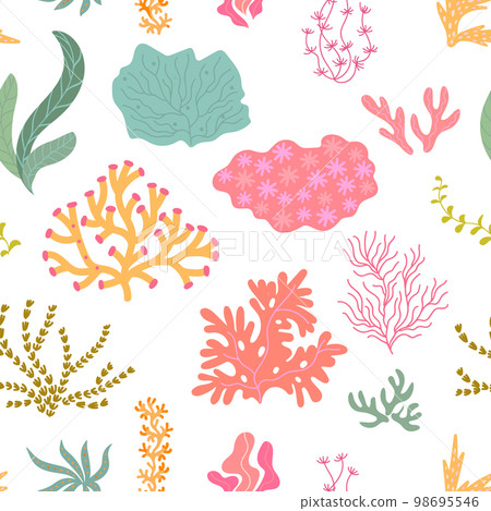 Seaweed corals seamless pattern. Abstract underwater plant elements, sea marine leaves background. Trendy ocean algae nowaday vector print Seaweed corals seamless pattern. Abstract underwater plant elements, sea marine leaves background. Trendy ocean algae nowaday vector print 98695546