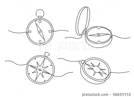 Traveller compass of different design. Single one line drawing equipment for exploration and navigation. Continuous line 98695558