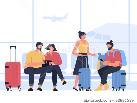 Tourists in airport. Young couples traveling with luggage, people sitting departure lounge and waiting for flight 98695559