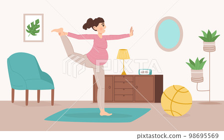 Pregnant woman practicing yoga. Young female character with belly, standing in balance, stretching. Future mom doing sport Pregnant woman practicing yoga. Young female character with belly, standing in balance, stretching. Future mom doing sport 98695569