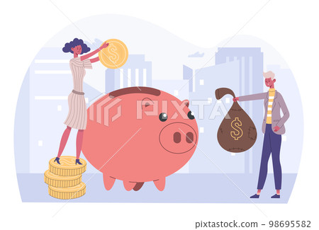 People money save, success financial investment concept. Cartoon woman putting coins into piggy bank 98695582
