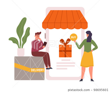 Online store purchasing, mobile payment. Woman ordering gift in internet via smartphone application. Man holding phone Online store purchasing, mobile payment. Woman ordering gift in internet via smartphone application. Man holding phone 98695601