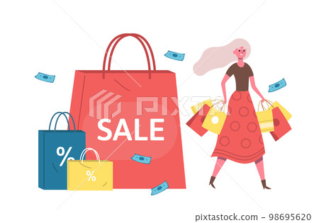 Bad habits, people addictions shopping. Woman buying and spending money, carrying shopping bags. Shopaholic girl 98695620