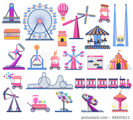 Attractions festive park elements as rollercoaster, circus tent, ferris wheel, and carousels. Shooting range, ice cream 98695621