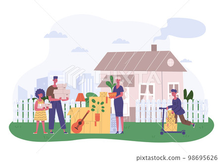 Family moving into new house. Parents with children standing near home with cardboard boxes. Cartoon son and daughter helping Family moving into new house. Parents with children standing near home with cardboard boxes. Cartoon son and daughter helping 98695626
