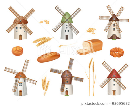 Windmill. Rural symbols construction making flour bakery food production from wheat decent vector pictures set in realistic style 98695682
