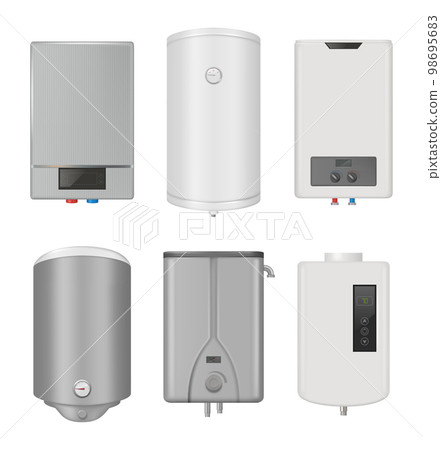 Water heater. Warm controlling systems gas boiler decent vector realistic illustrations set 98695683