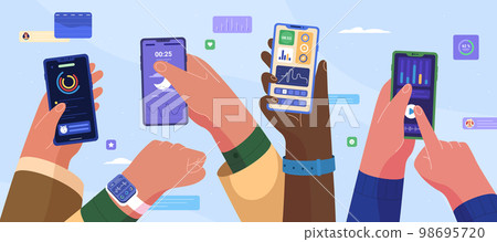 Flat people hands with smartwatch for sleep tracker 98695720