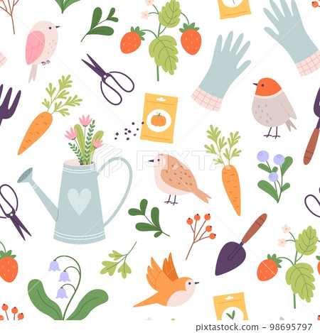Springtime vector seamless pattern with flat birds and garden tools. Vegetables, seeds and berries. Floral bouquet in watering can, racy vector background 98695797