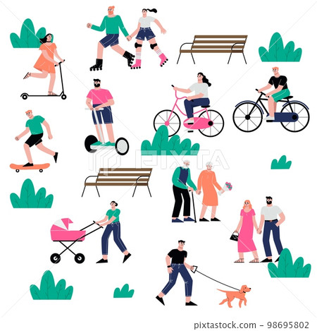 Happy park walking, spring walk and jogging. Summer outdoor rest, ride in urban garden on bike. Fun flat city people, adults on street vector scene 98695802